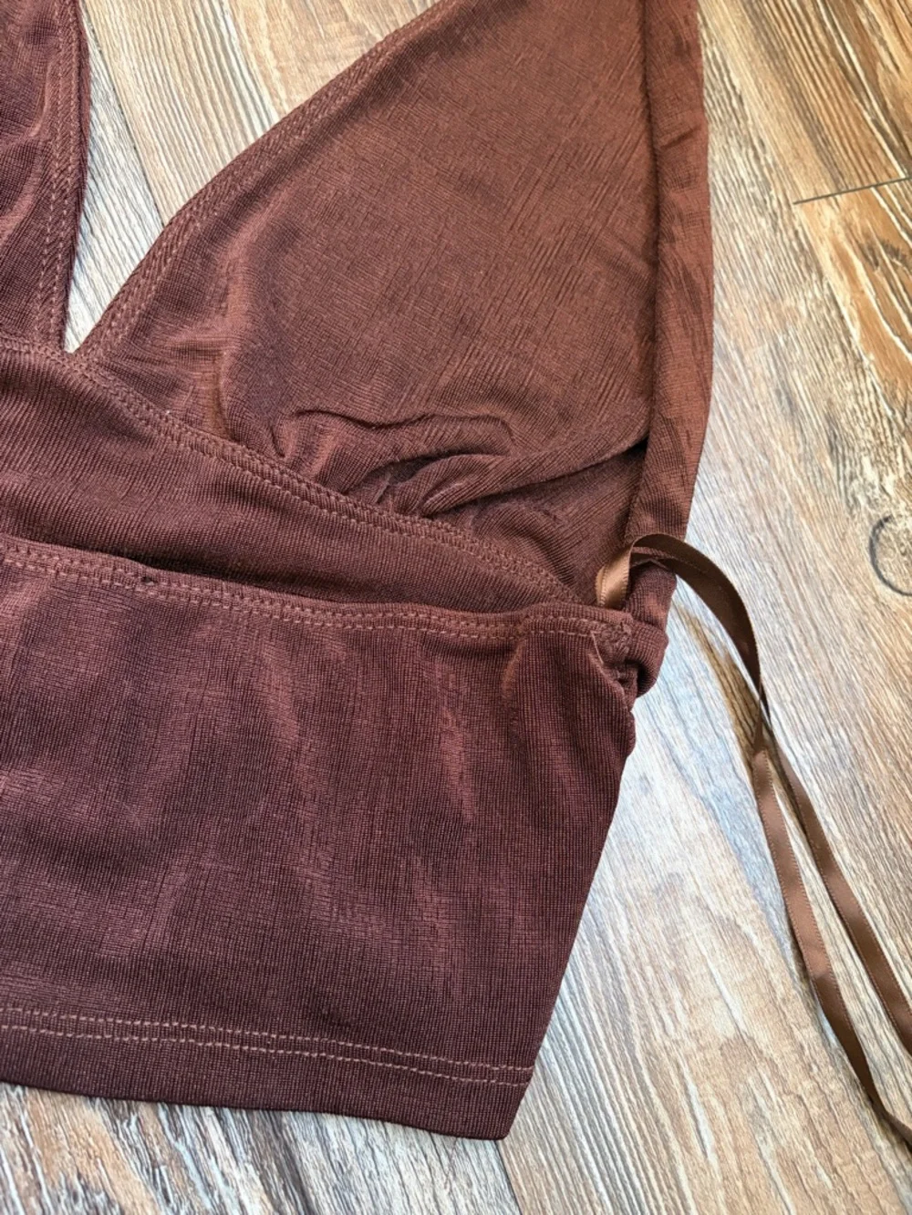 Brown Ruched Halter Crop Top - Picture 4 of 7
